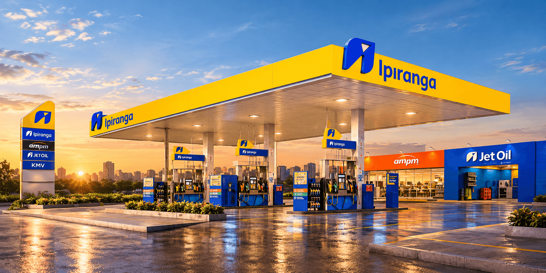 Posto Ipiranga da Rede Aqui ao entardecer
