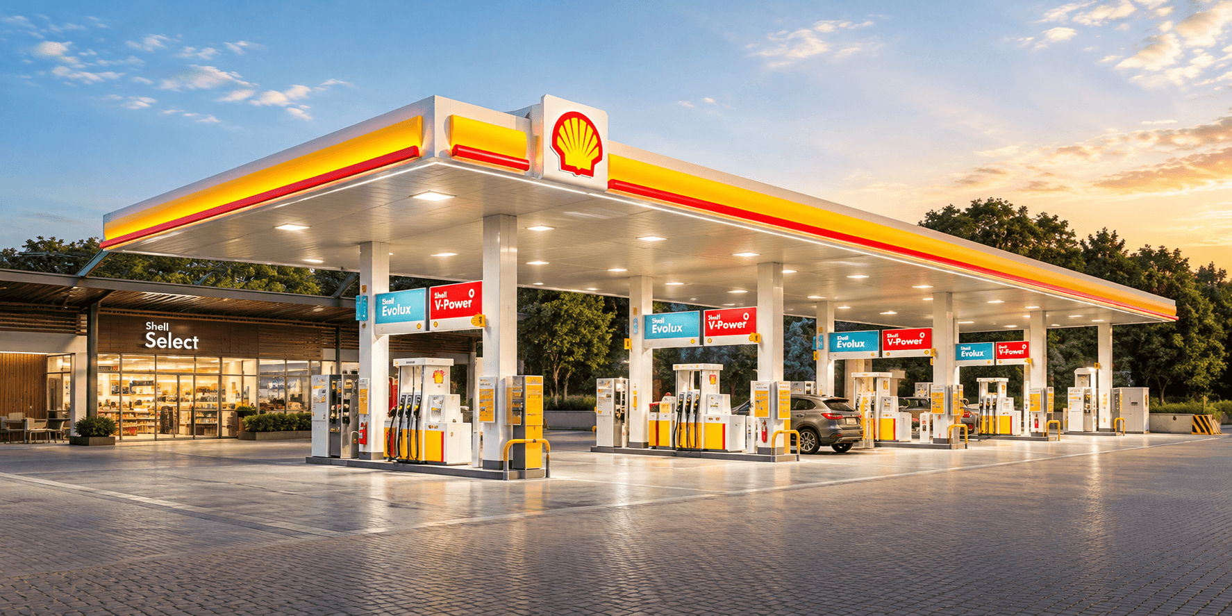 Posto Shell da Rede Aqui ao entardecer